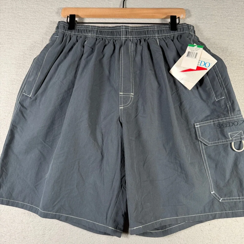Speedo Mens Beach Bungalow Swim Trunks Gray Cargo Board Shorts 732730 NWT L